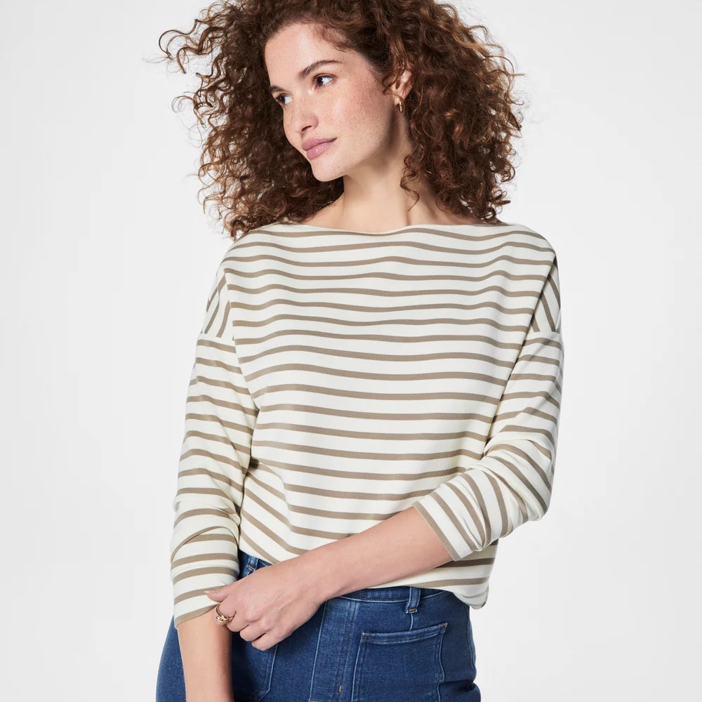 SPANX Cream and Tan Striped Boatneck Top